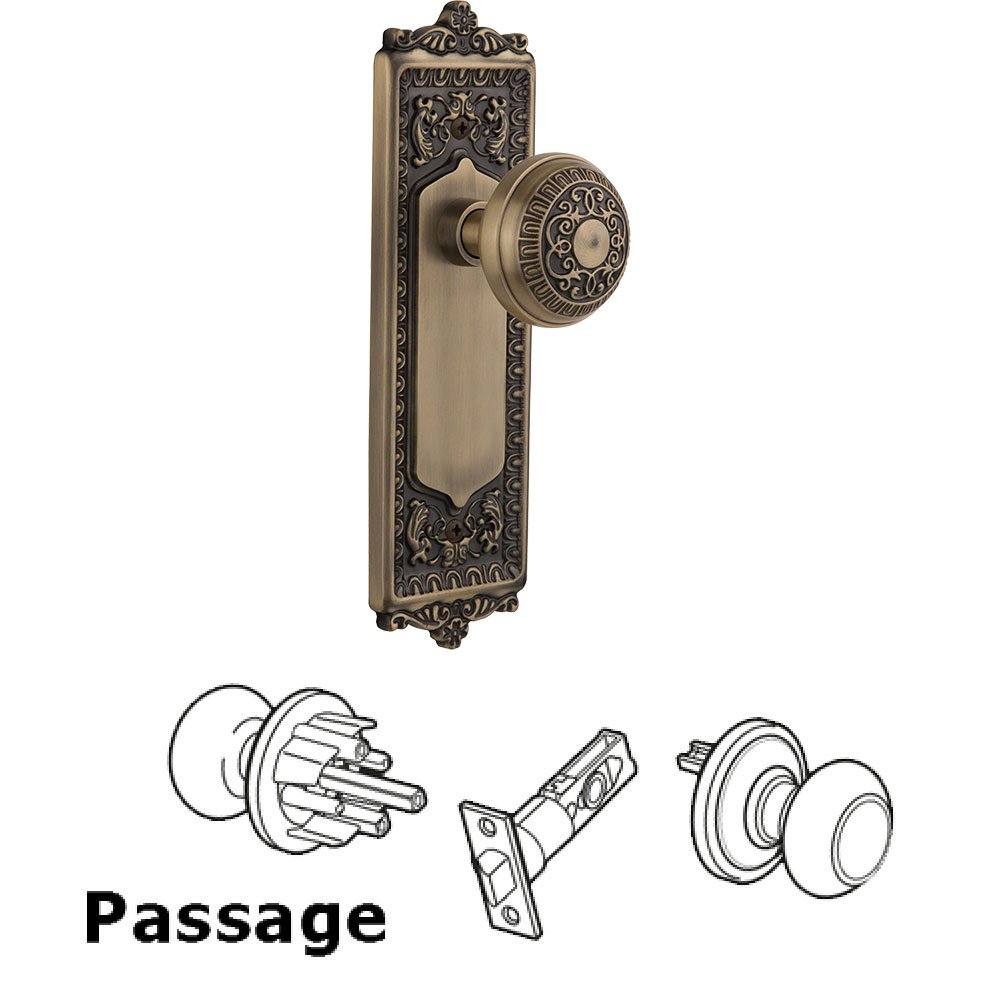 Nostalgic Warehouse Passage Knob - Egg & Dart Plate with Egg & Dart Door Knob in Antique Brass