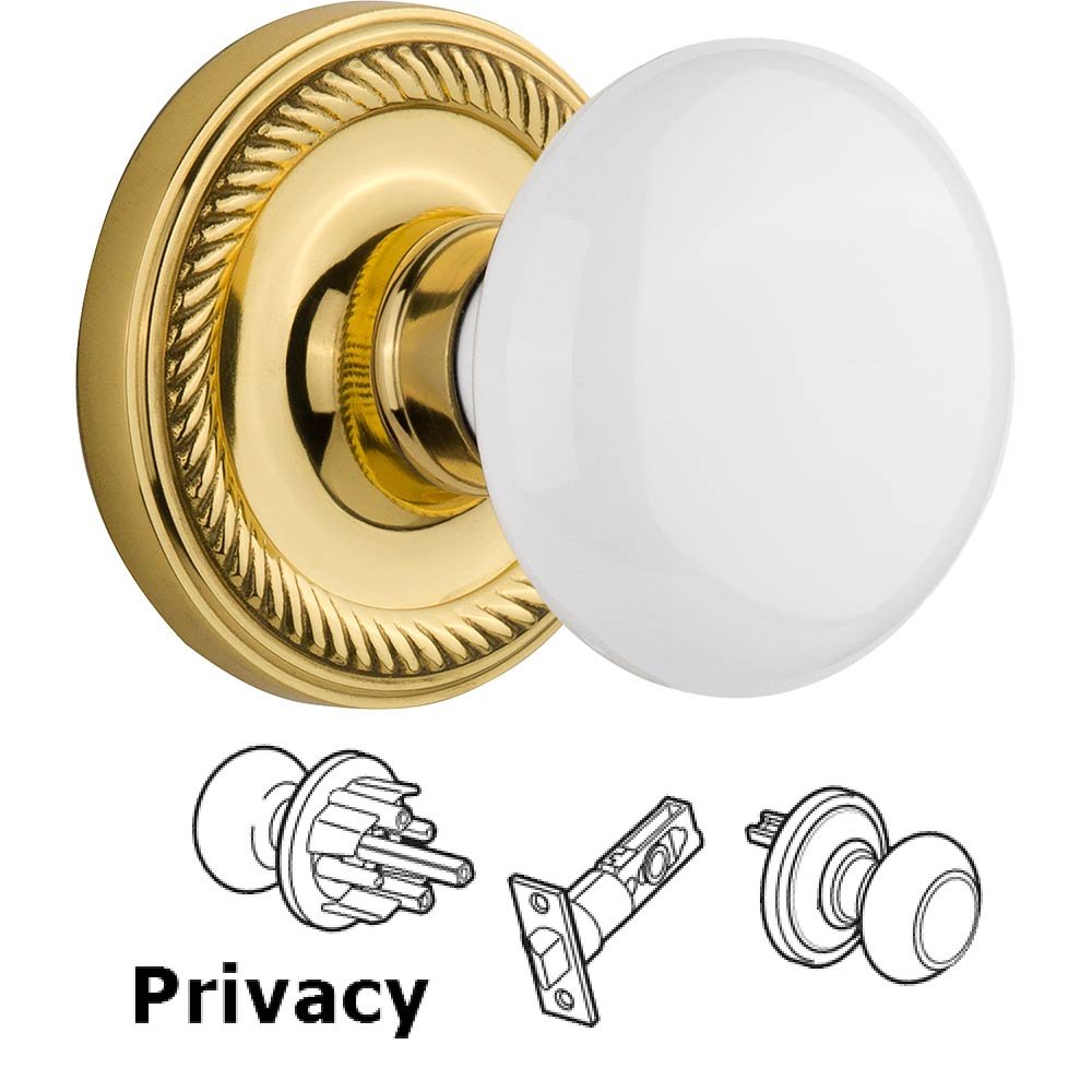 Nostalgic Warehouse Privacy Knob - Rope Rose with White Porcelain Door Knob in Polished Brass