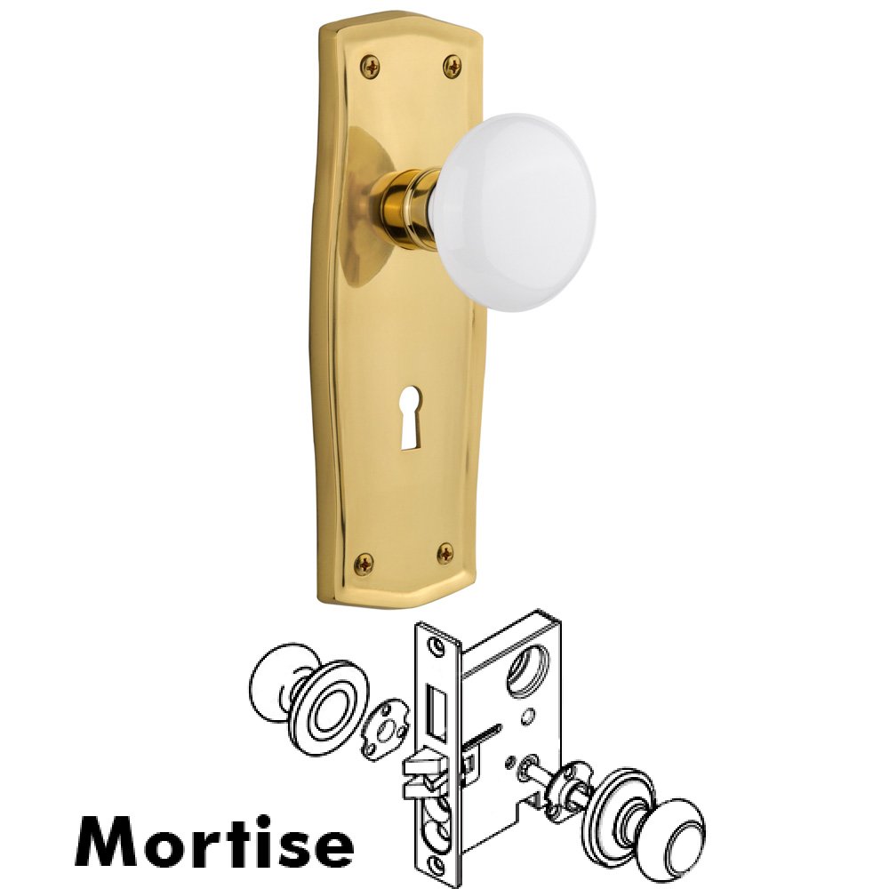 Nostalgic Warehouse Complete Mortise Lockset - Prairie Plate with White Porcelain Knob in Polished Brass