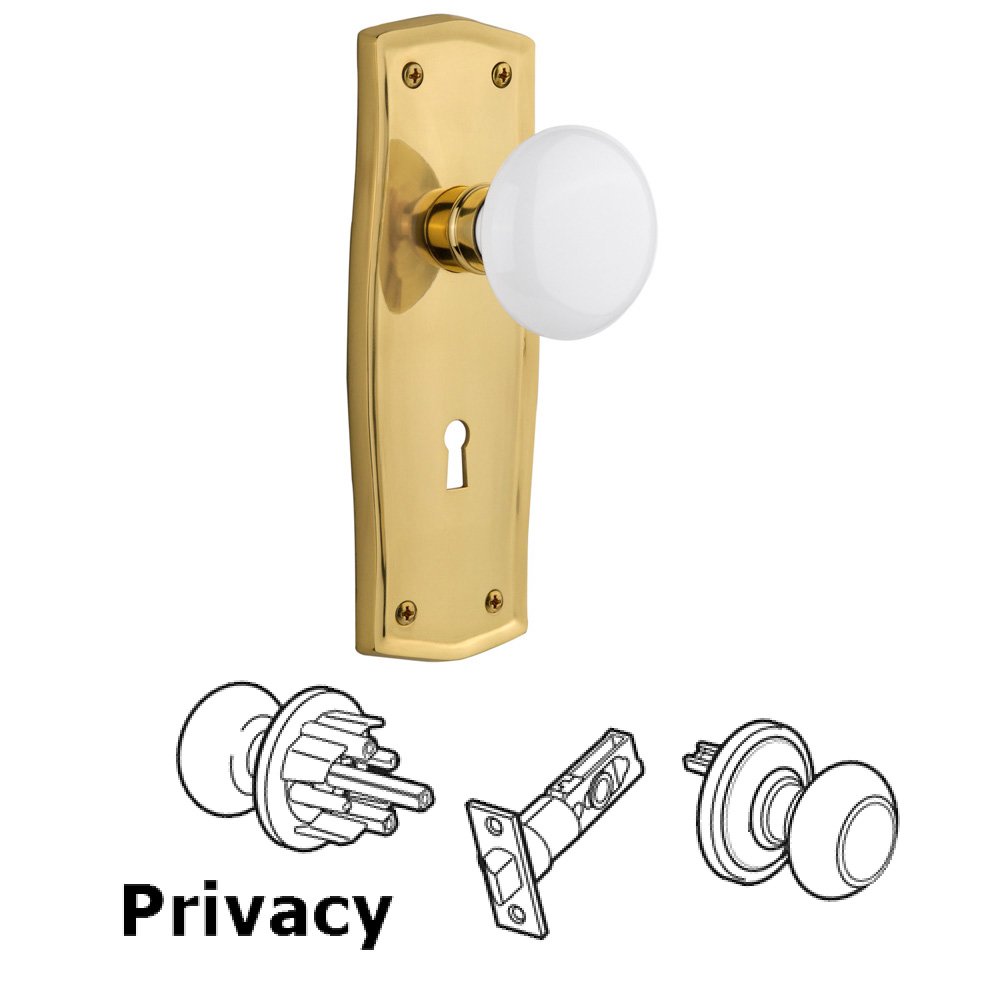 Nostalgic Warehouse Complete Privacy Set With Keyhole - Prairie Plate with White Porcelain Knob in Polished Brass