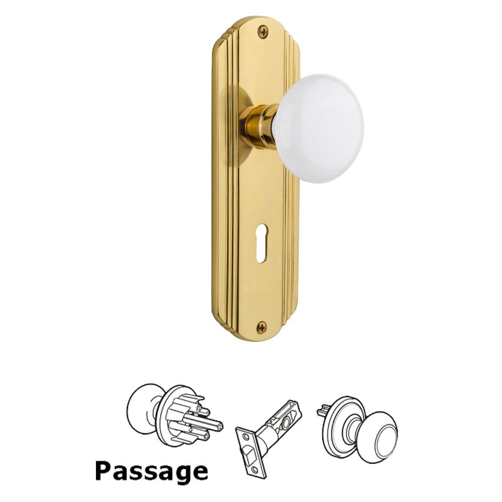 Nostalgic Warehouse Passage Deco Plate with Keyhole and White Porcelain Door Knob in Polished Brass