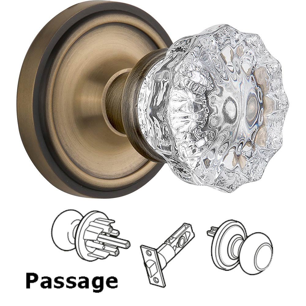 Nostalgic Warehouse Passage Knob - Classic Rose with Crystal Door Knob in Antique Brass