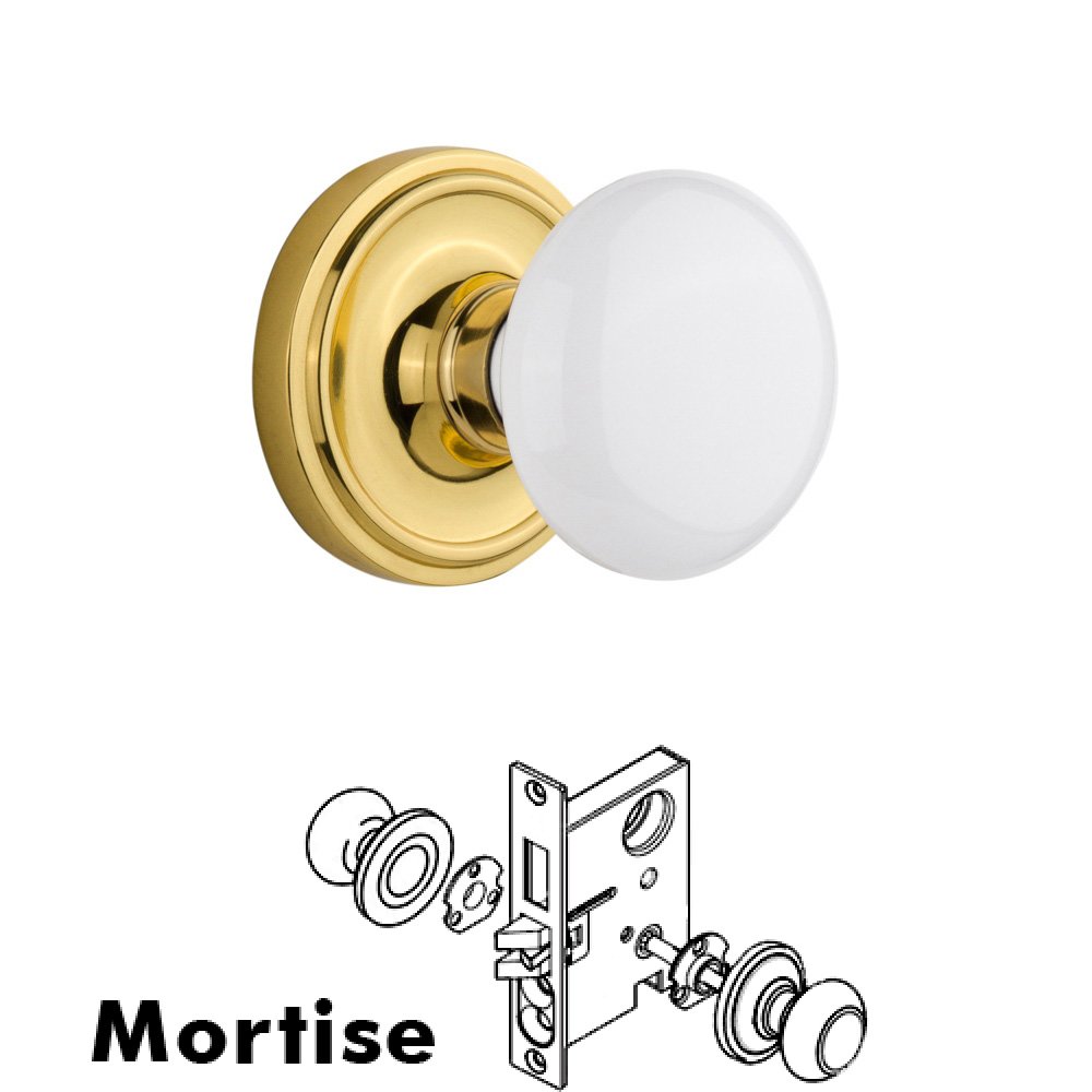 Nostalgic Warehouse Complete Mortise Lockset - Classic Rosette with White Porcelain Knob in Polished Brass