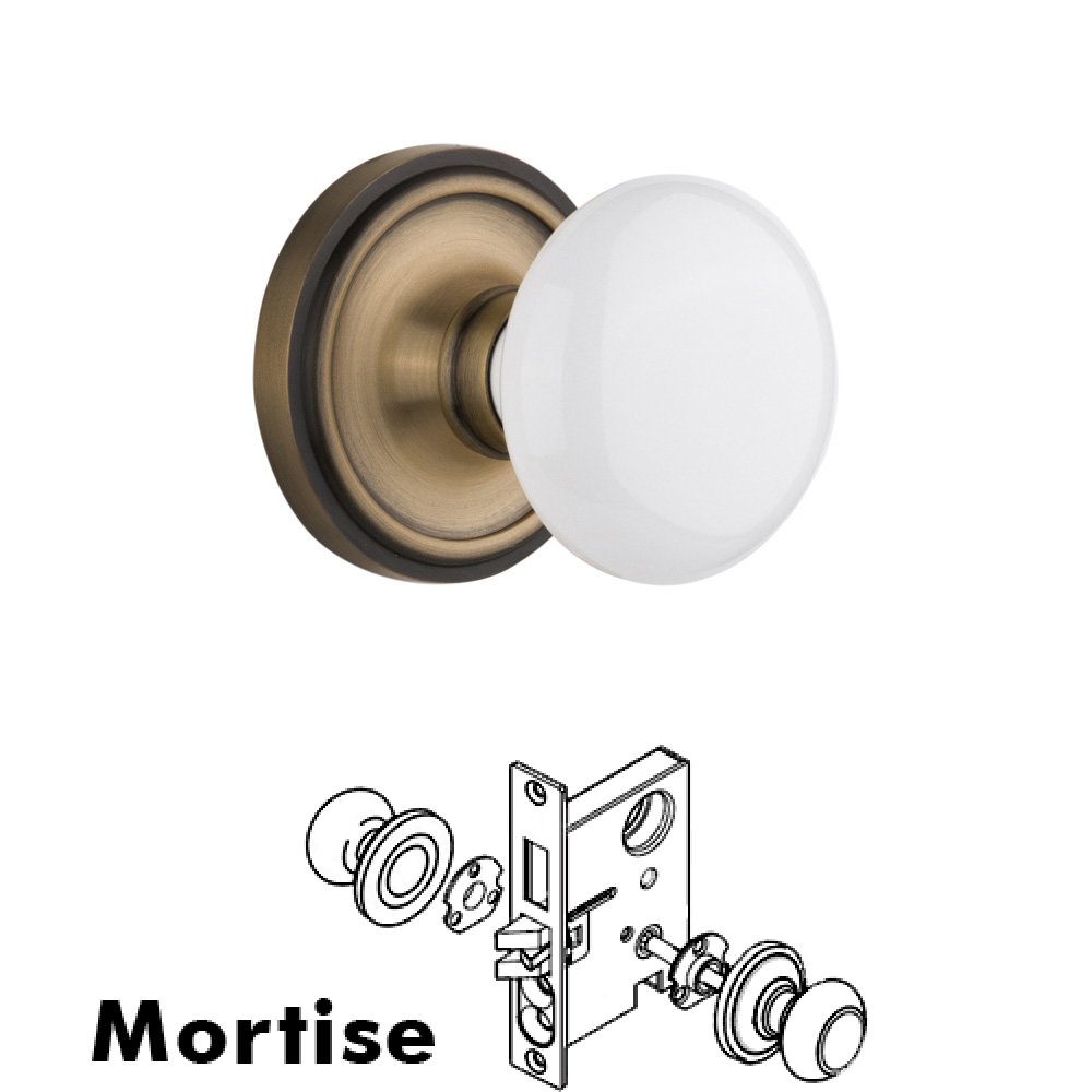 Nostalgic Warehouse Complete Mortise Lockset - Classic Rosette with White Porcelain Knob in Antique Brass