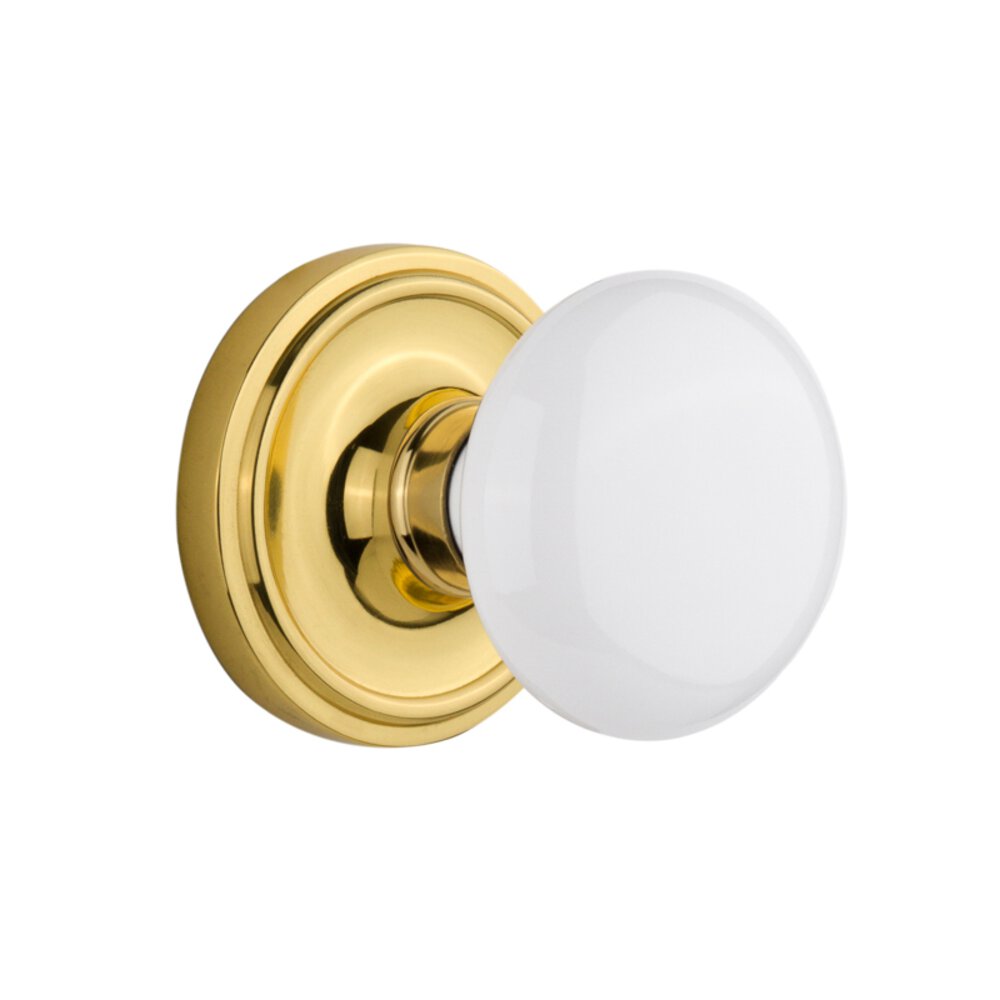 Nostalgic Warehouse Complete Privacy Set Without Keyhole - Classic Rosette with White Porcelain Knob in Polished Brass