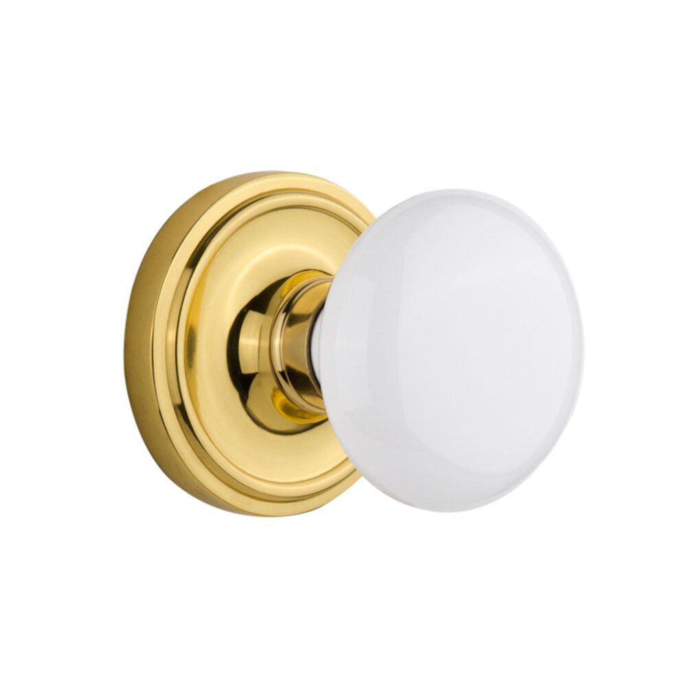 Nostalgic Warehouse Complete Passage Set Without Keyhole - Classic Rosette with White Porcelain Knob in Polished Brass