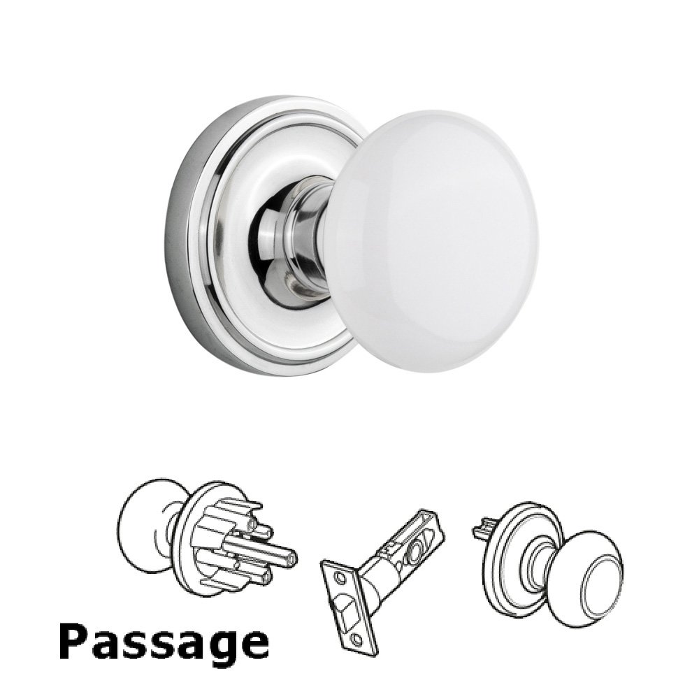 Nostalgic Warehouse Complete Passage Set Without Keyhole - Classic Rosette with White Porcelain Knob in Bright Chrome