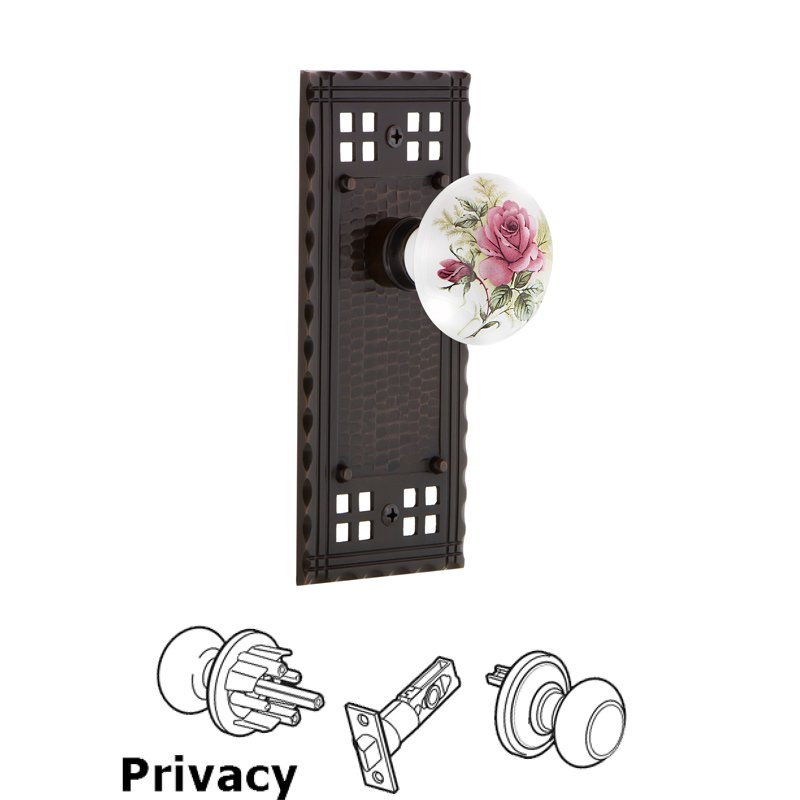 Nostalgic Warehouse Privacy Craftsman Plate with White Rose Porcelain Door Knob in Timeless Bronze