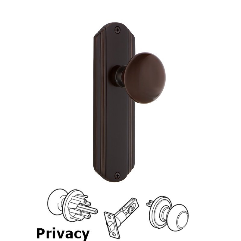 Nostalgic Warehouse Complete Privacy Set - Deco Plate with Brown Porcelain Door Knob in Timeless Bronze