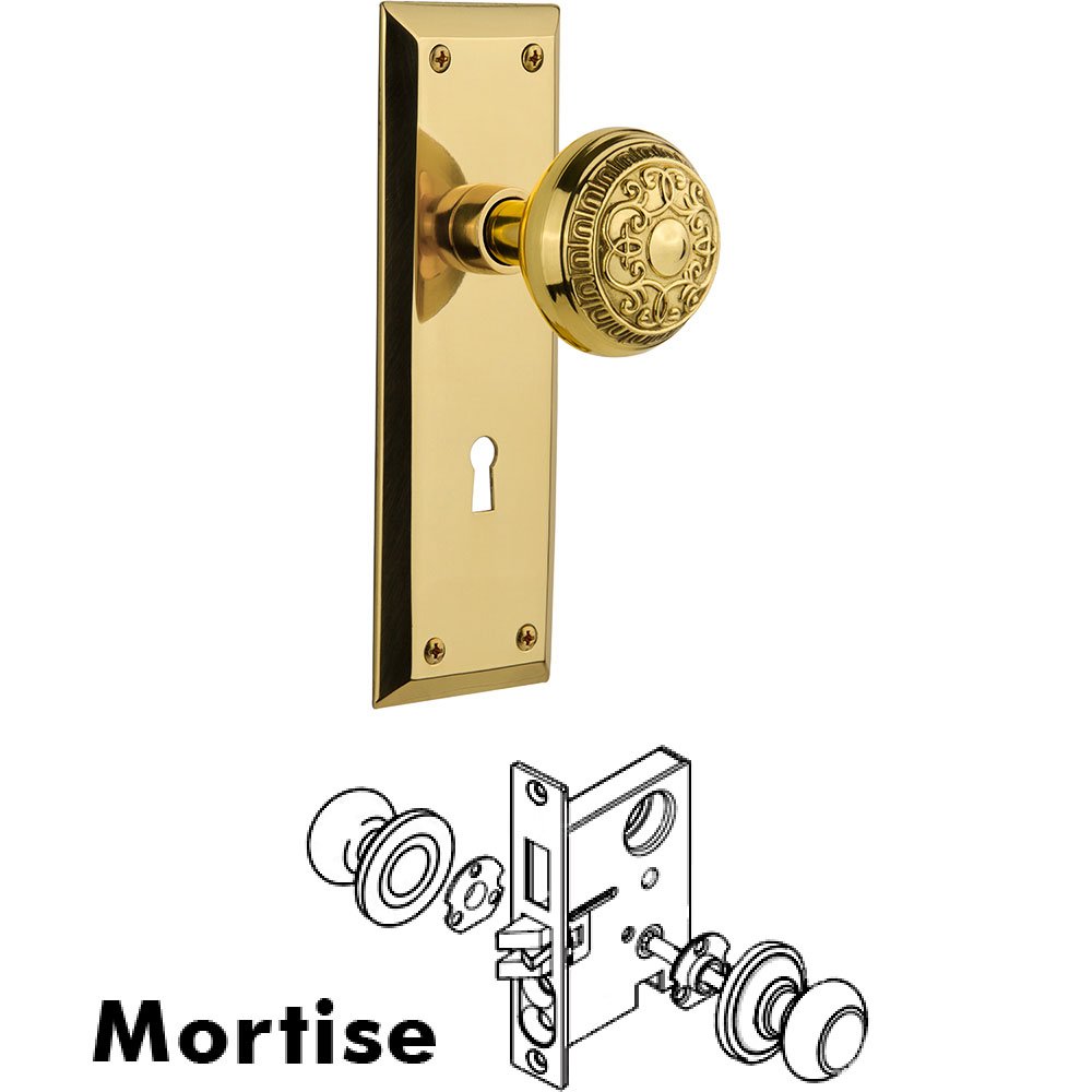 Nostalgic Warehouse Mortise New York Plate with Egg and Dart Knob and Keyhole in Unlacquered Brass