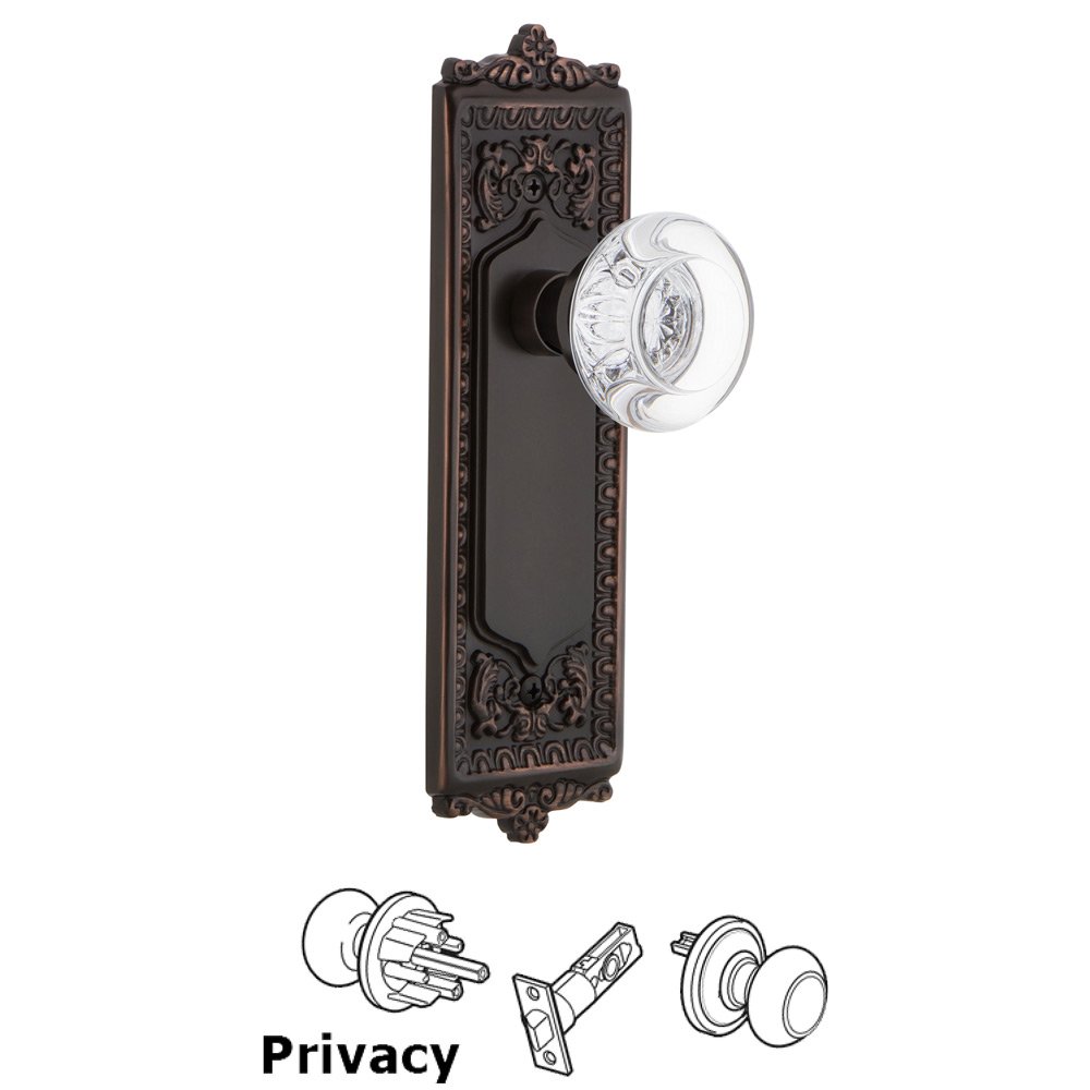 Nostalgic Warehouse Complete Privacy Set - Egg & Dart Plate with Round Clear Crystal Glass Door Knob in Timeless Bronze