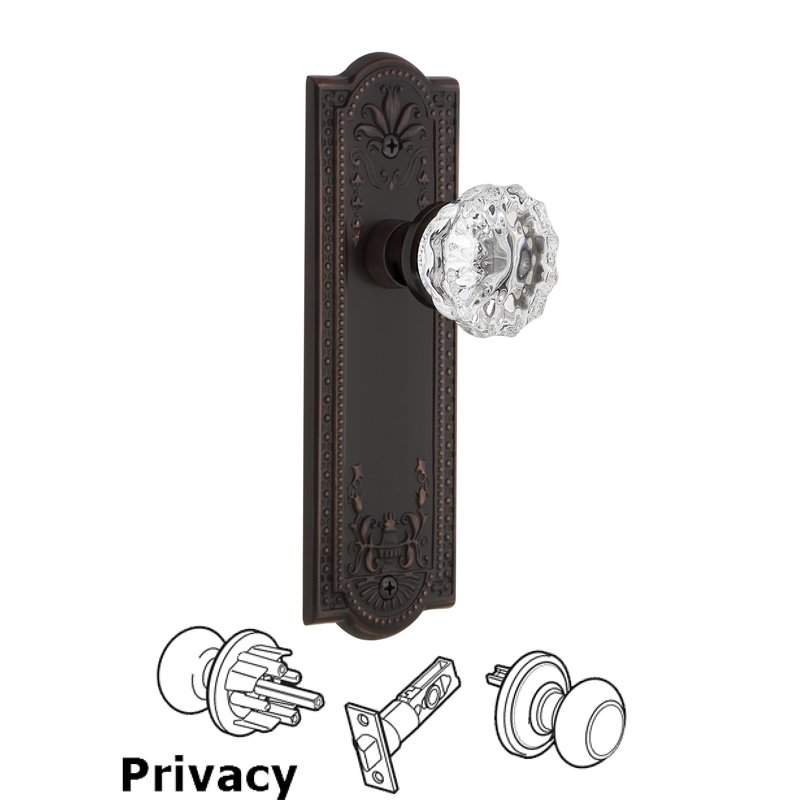 Nostalgic Warehouse Complete Privacy Set - Meadows Plate with Crystal Glass Door Knob in Timeless Bronze