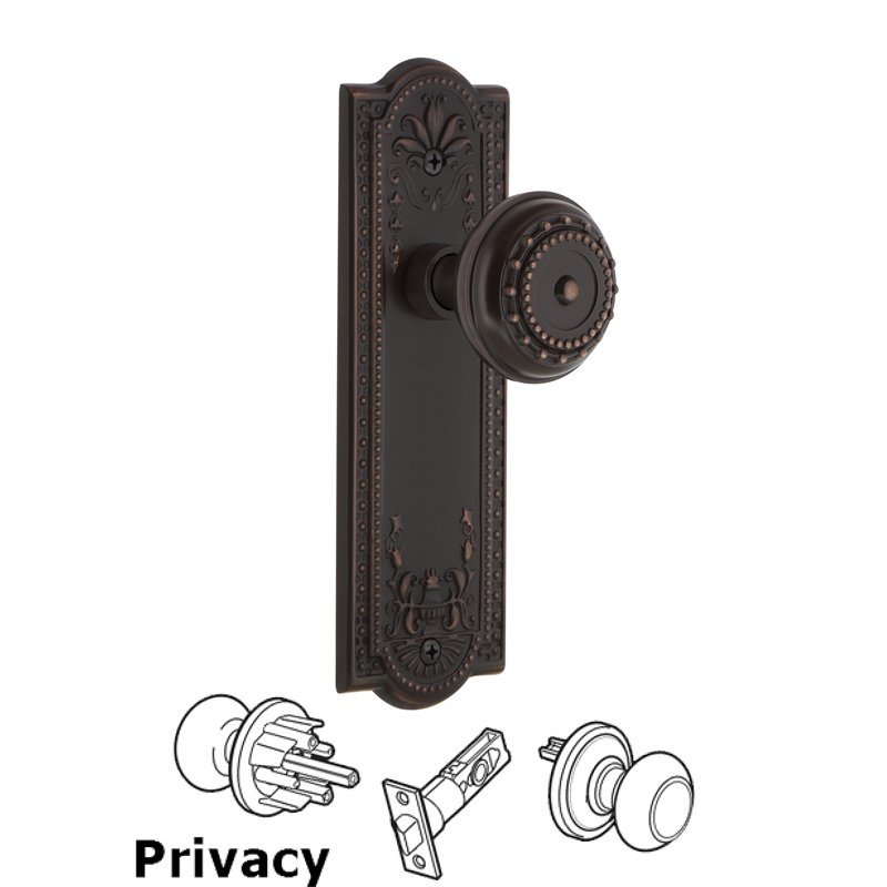 Nostalgic Warehouse Complete Privacy Set - Meadows Plate with Meadows Door Knob in Timeless Bronze
