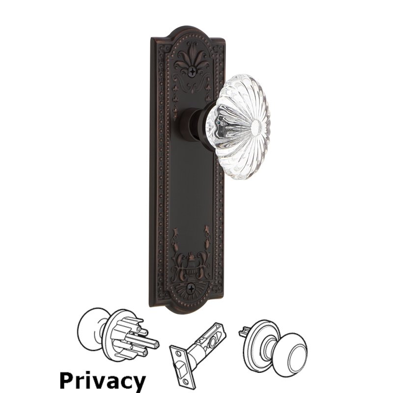 Nostalgic Warehouse Complete Privacy Set - Meadows Plate with Oval Fluted Crystal Glass Door Knob in Timeless Bronze