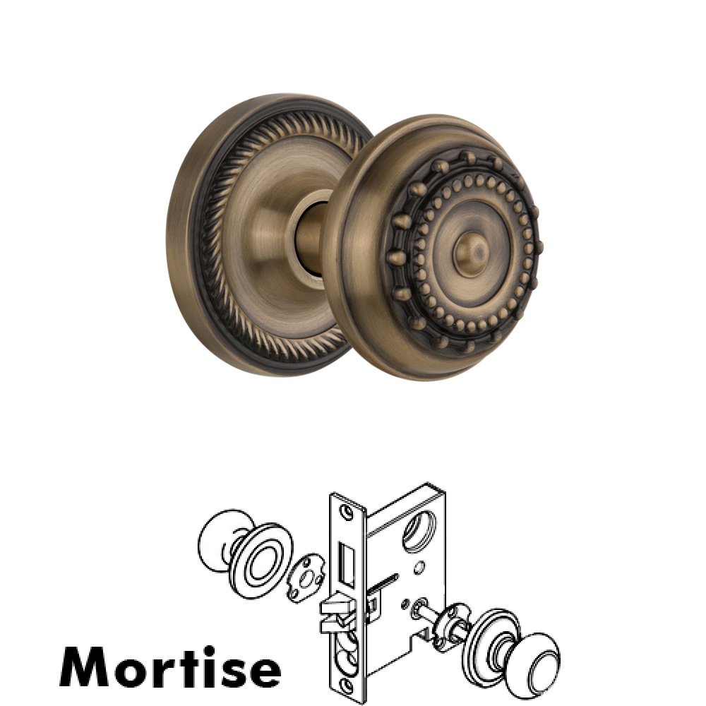 Nostalgic Warehouse Complete Mortise Lockset - Rope Rosette with Meadows Knob in Antique Brass