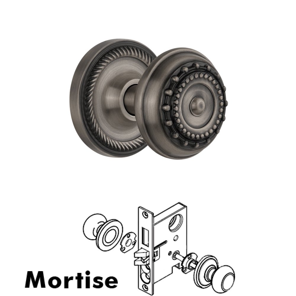 Nostalgic Warehouse Complete Mortise Lockset - Rope Rosette with Meadows Knob in Antique Pewter