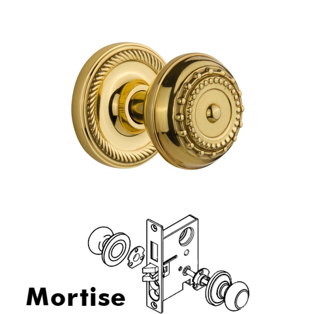 Nostalgic Warehouse Complete Mortise Lockset - Rope Rosette with Meadows Knob in Polished Brass