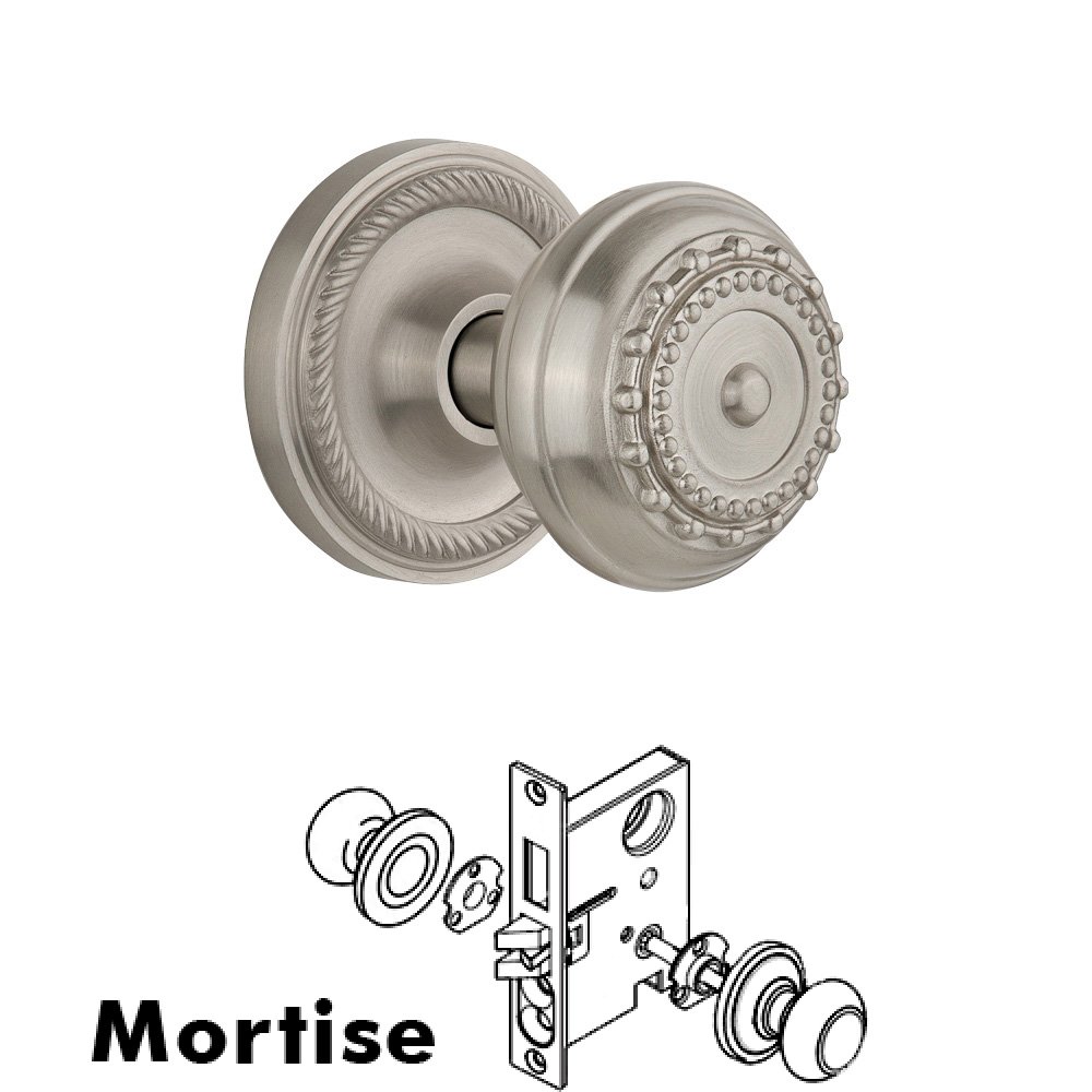 Nostalgic Warehouse Complete Mortise Lockset - Rope Rosette with Meadows Knob in Satin Nickel