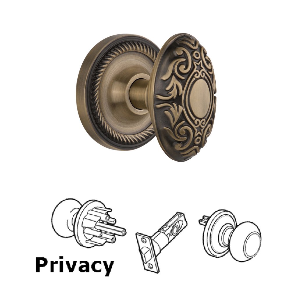 Nostalgic Warehouse Complete Privacy Set Without Keyhole - Rope Rosette with Victorian Knob in Antique Brass