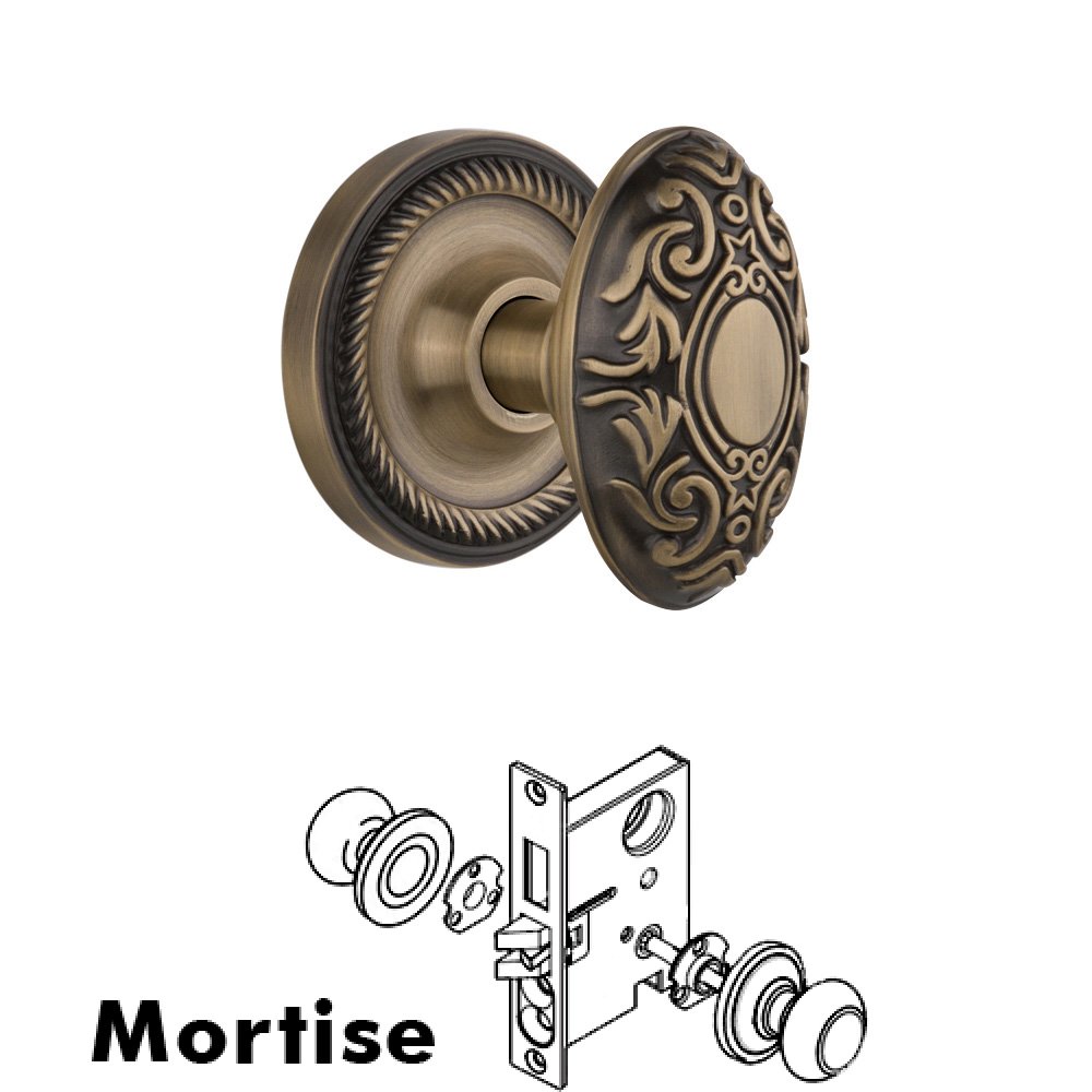 Nostalgic Warehouse Complete Mortise Lockset - Rope Rosette with Victorian Knob in Antique Brass