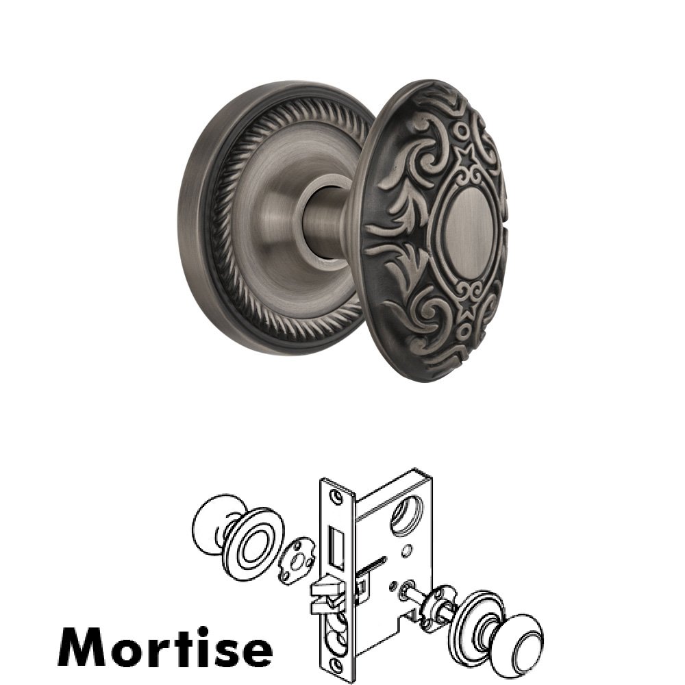 Nostalgic Warehouse Complete Mortise Lockset - Rope Rosette with Victorian Knob in Antique Pewter