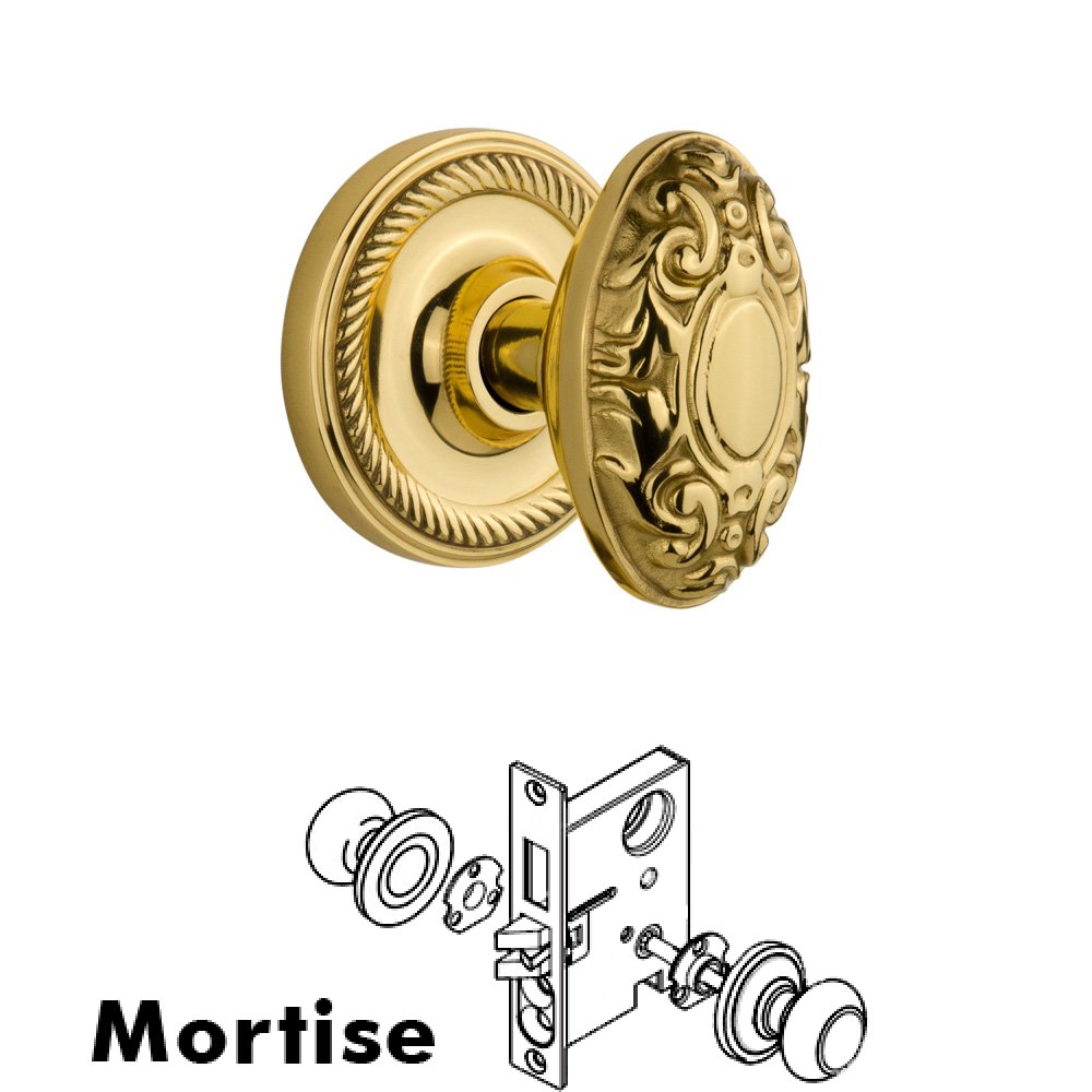 Nostalgic Warehouse Complete Mortise Lockset - Rope Rosette with Victorian Knob in Polished Brass