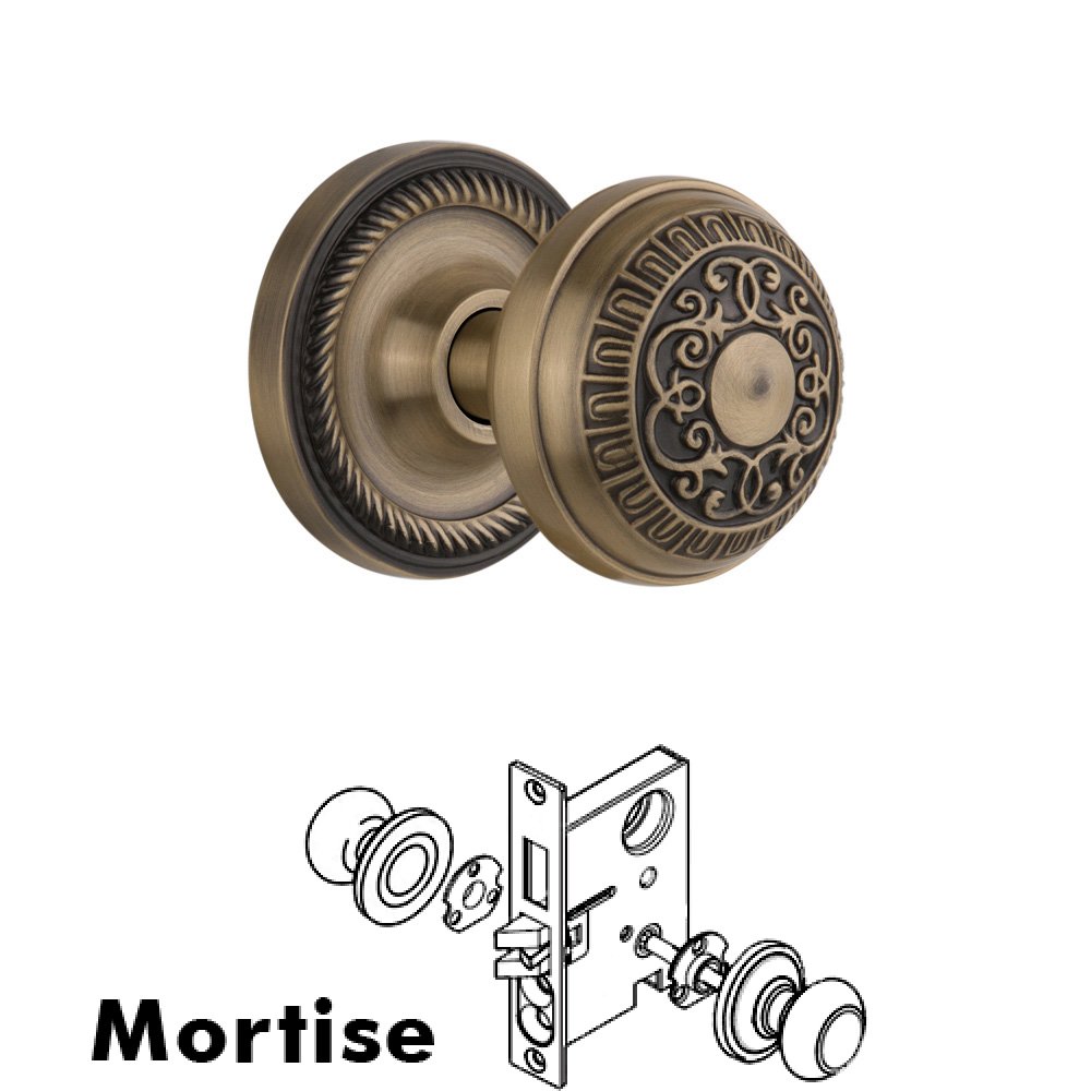 Nostalgic Warehouse Complete Mortise Lockset - Rope Rosette with Egg & Dart Knob in Antique Brass