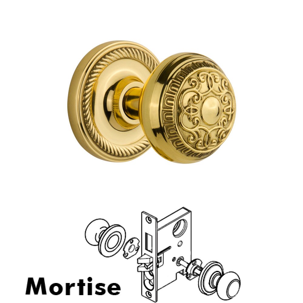 Nostalgic Warehouse Complete Mortise Lockset - Rope Rosette with Egg & Dart Knob in Polished Brass