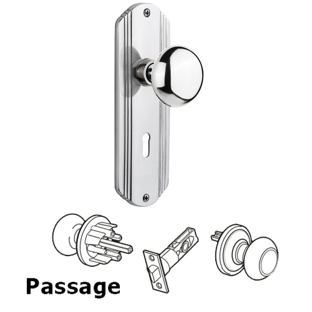 Nostalgic Warehouse Complete Passage Set With Keyhole - Deco Plate with New York Knob in Bright Chrome