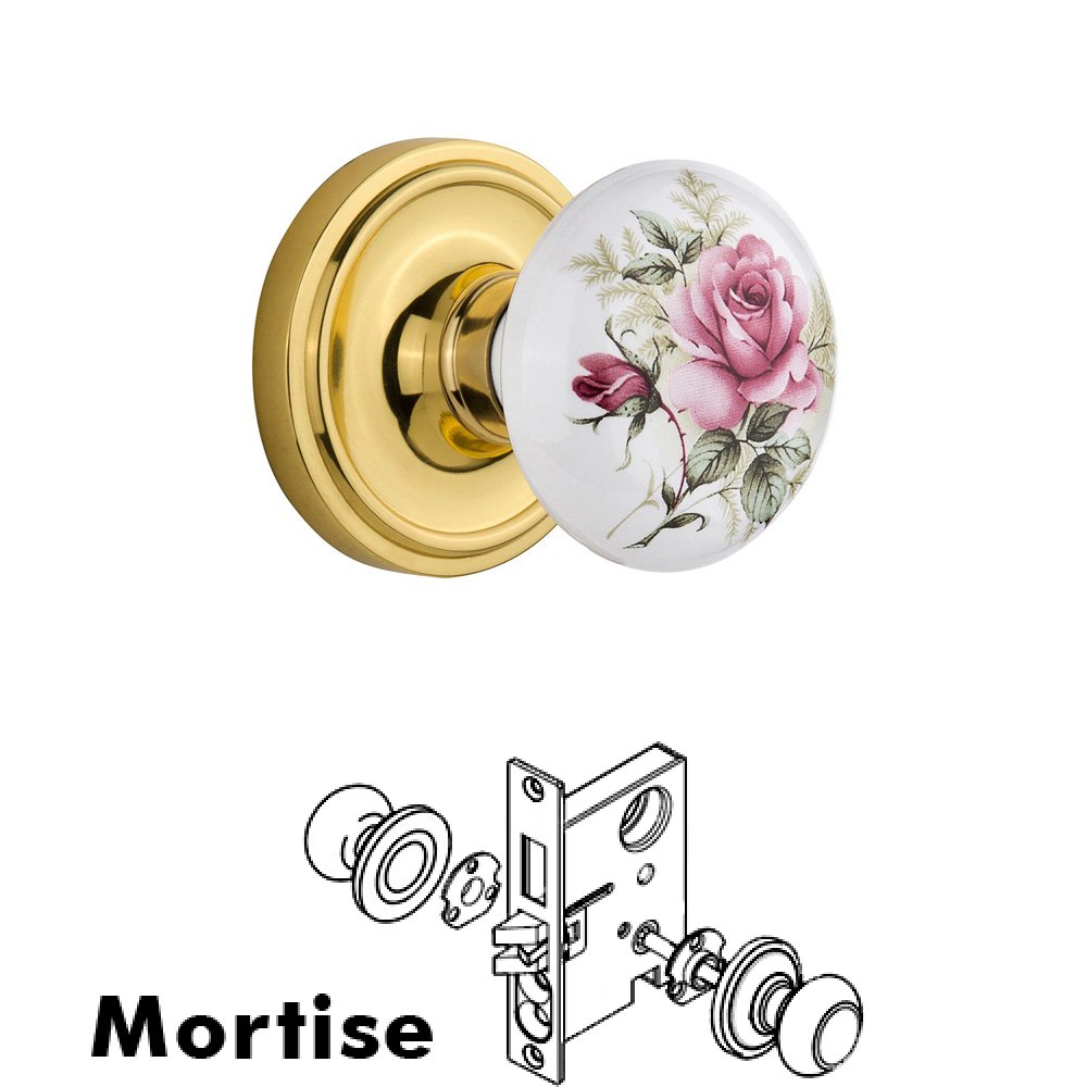 Nostalgic Warehouse Complete Mortise Lockset - Classic Rosette with Rose Porcelain Knob in Unlacquered Brass
