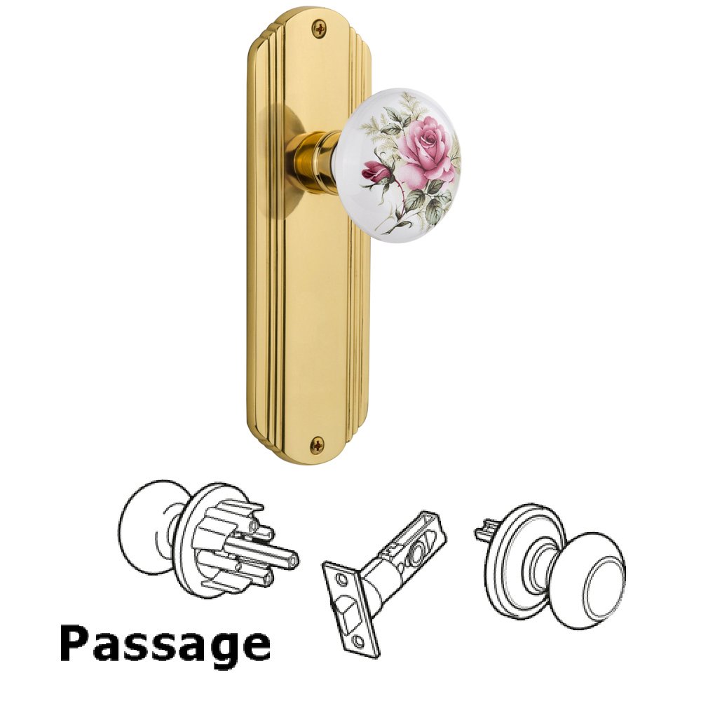 Nostalgic Warehouse Complete Passage Set Without Keyhole - Deco Plate with Rose Porcelain Knob in Unlacquered Brass