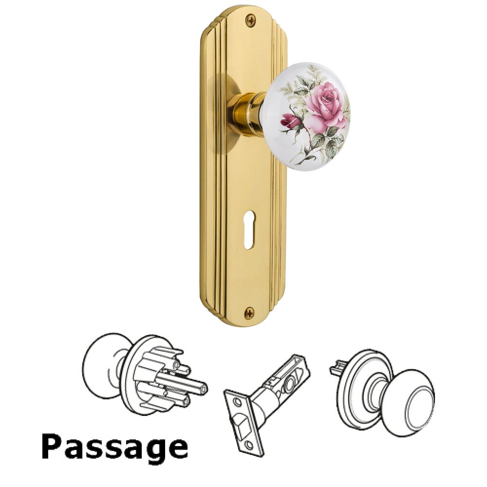 Nostalgic Warehouse Passage Deco Plate with Keyhole and White Rose Porcelain Door Knob in Unlacquered Brass