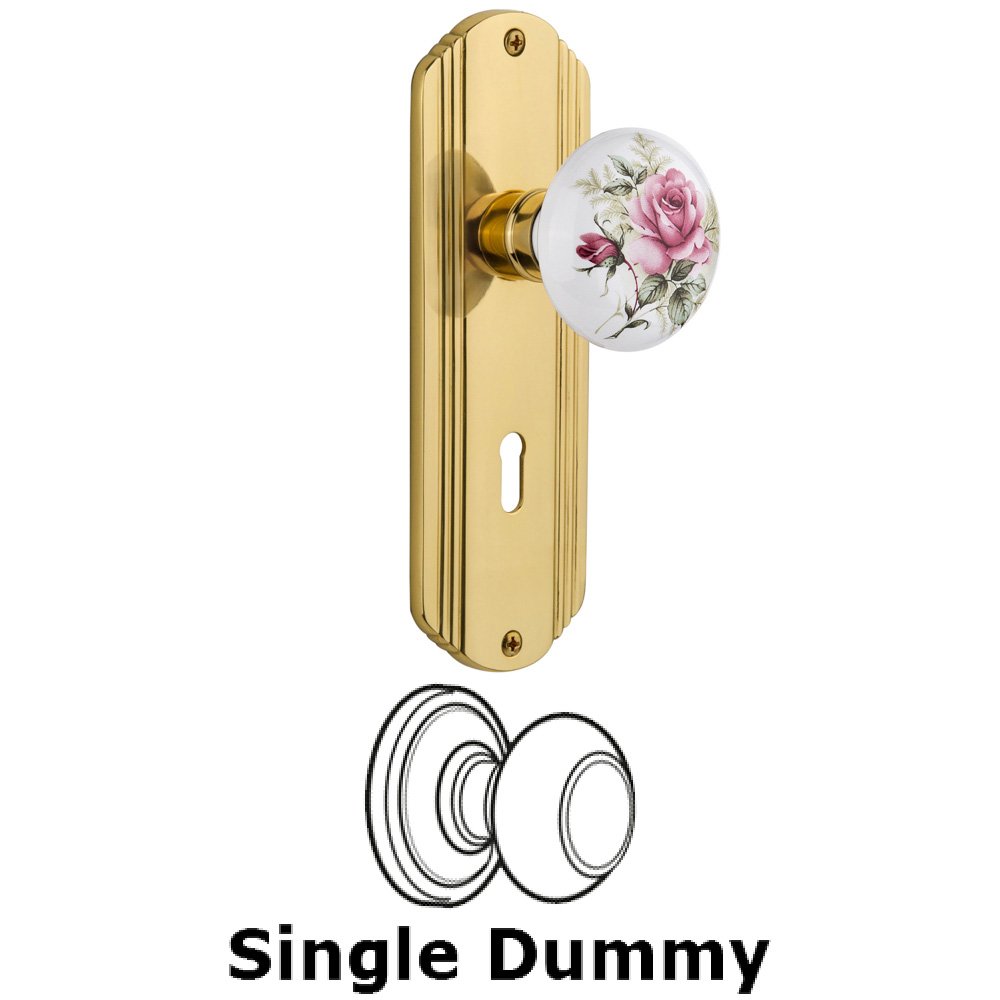Nostalgic Warehouse Single Dummy Knob With Keyhole - Deco Plate with Rose Porcelain Knob in Unlacquered Brass
