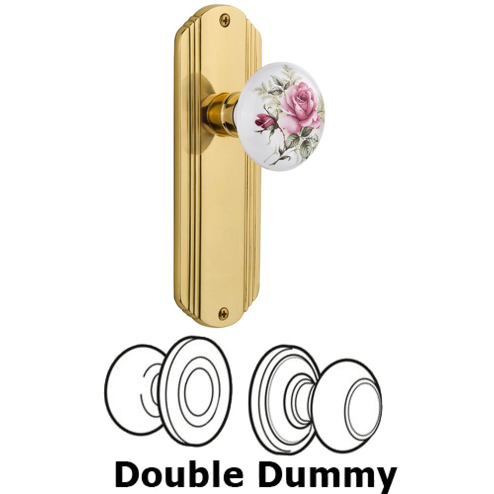 Nostalgic Warehouse Double Dummy Set Without Keyhole - Deco Plate with Rose Porcelain Knob in Unlacquered Brass
