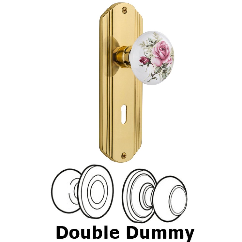 Nostalgic Warehouse Double Dummy Set With Keyhole - Deco Plate with Rose Porcelain Knob in Unlacquered Brass