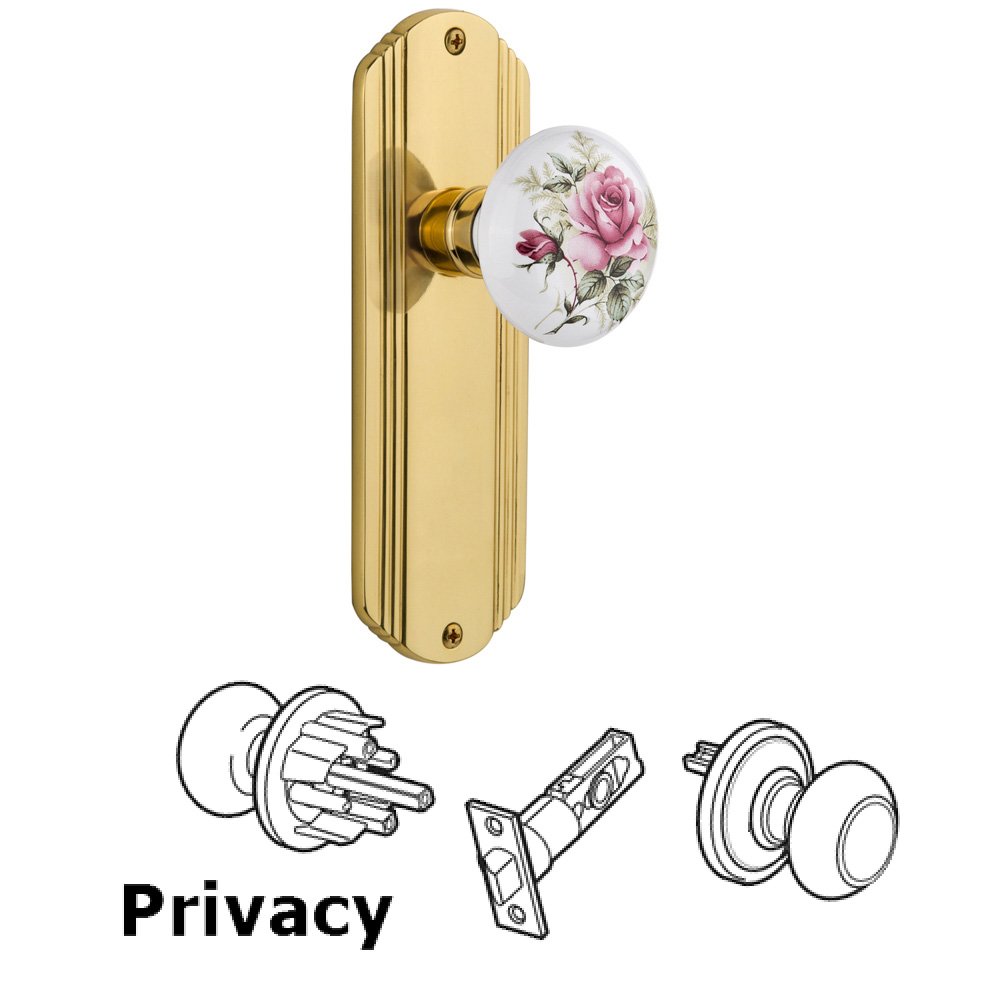 Nostalgic Warehouse Privacy Deco Plate with White Rose Porcelain Door Knob in Unlacquered Brass