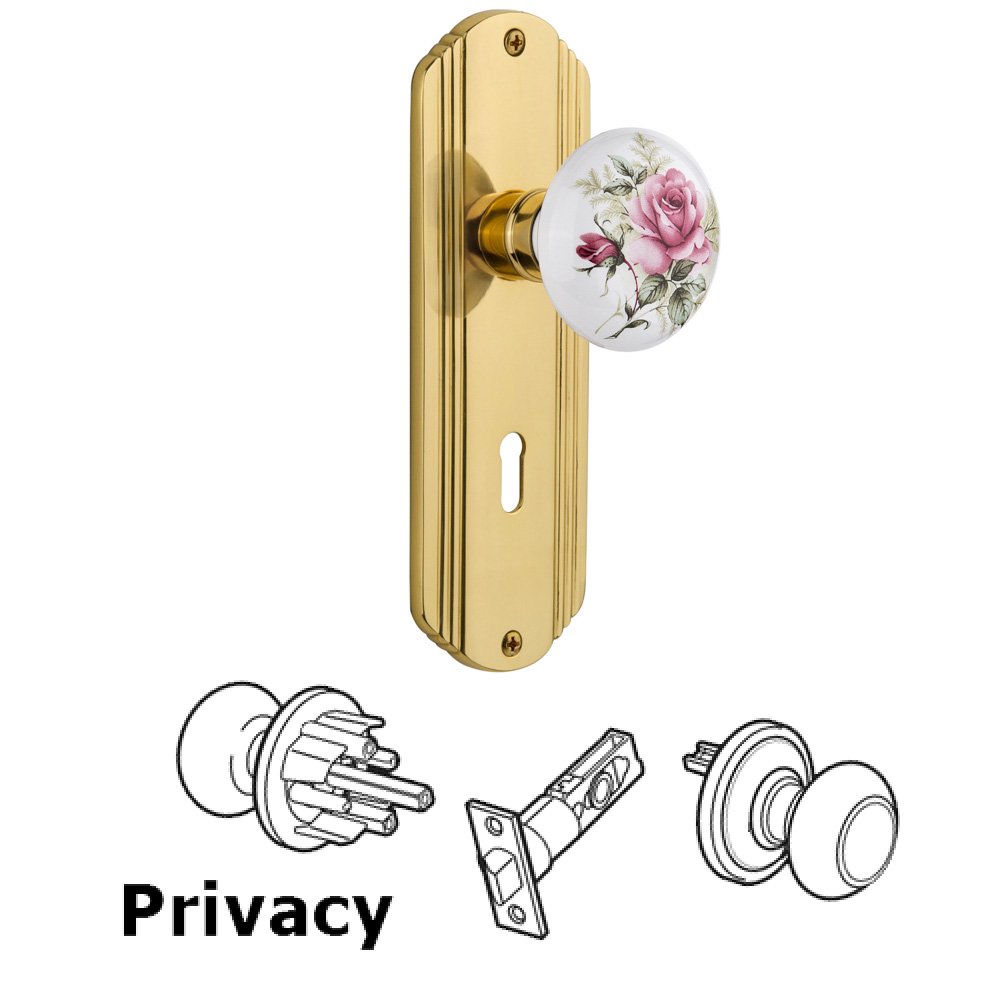Nostalgic Warehouse Complete Privacy Set With Keyhole - Deco Plate with Rose Porcelain Knob in Unlacquered Brass