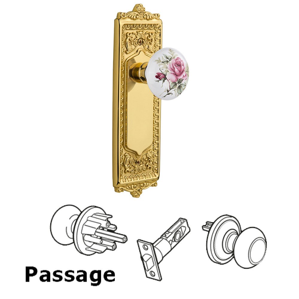 Nostalgic Warehouse Passage Egg & Dart Plate with White Rose Porcelain Door Knob in Unlacquered Brass