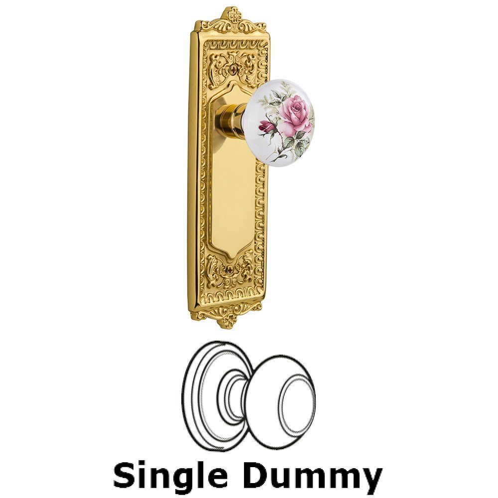 Nostalgic Warehouse Single Dummy Knob Without Keyhole - Egg & Dart Plate with Rose Porcelain Knob in Unlacquered Brass