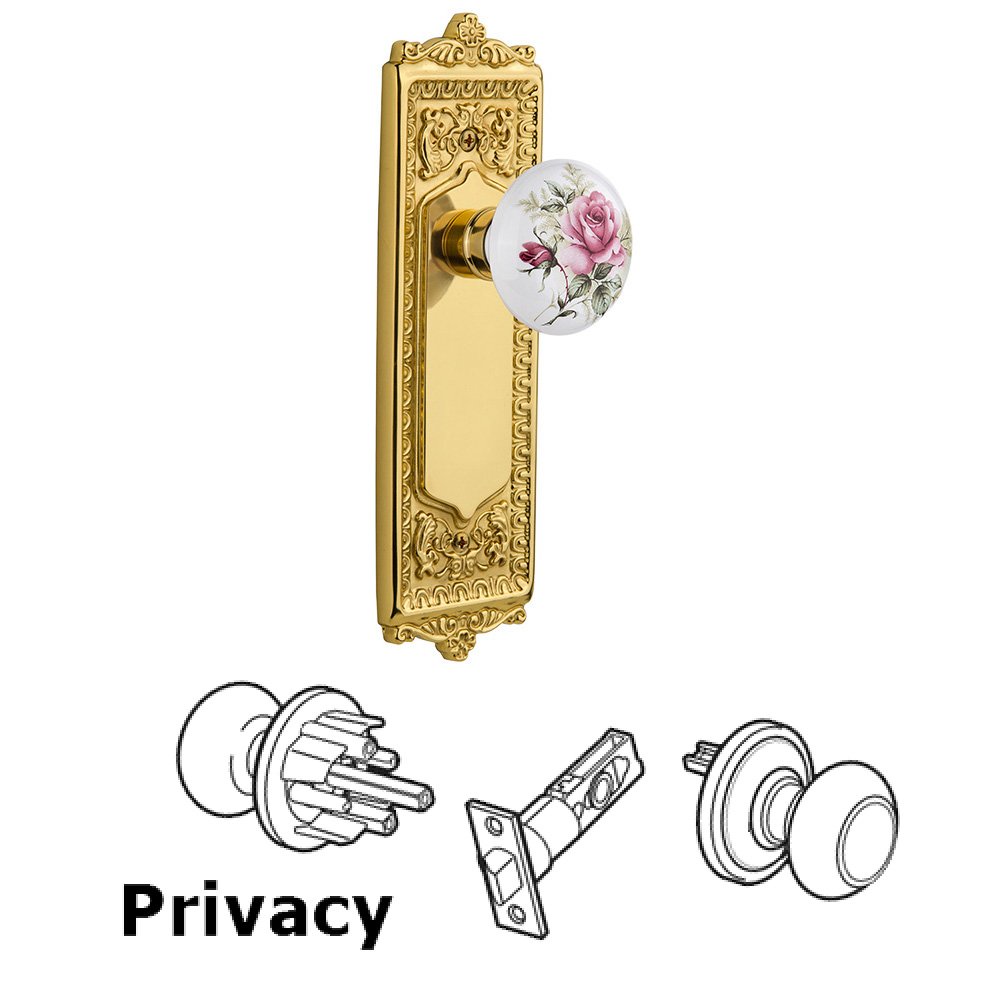 Nostalgic Warehouse Privacy Egg & Dart Plate with White Rose Porcelain Door Knob in Unlacquered Brass