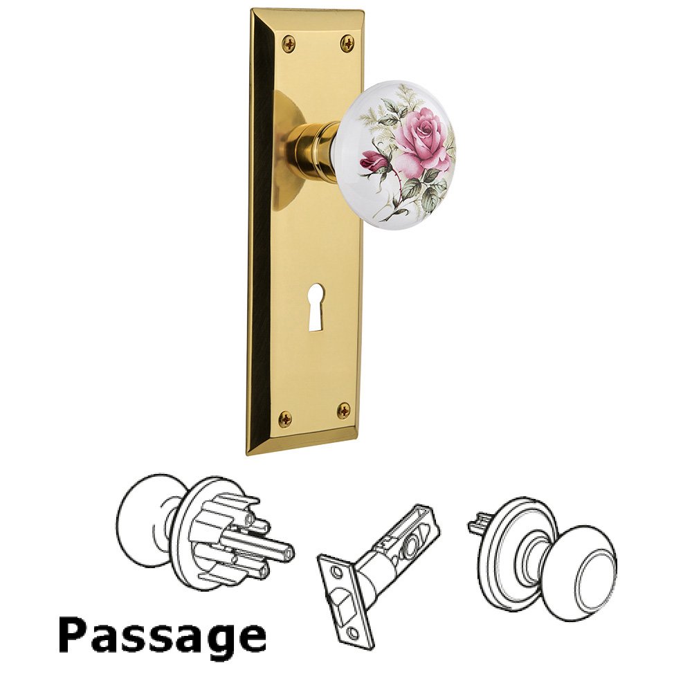 Nostalgic Warehouse Complete Passage Set With Keyhole - New York Plate with Rose Porcelain Knob in Unlacquered Brass