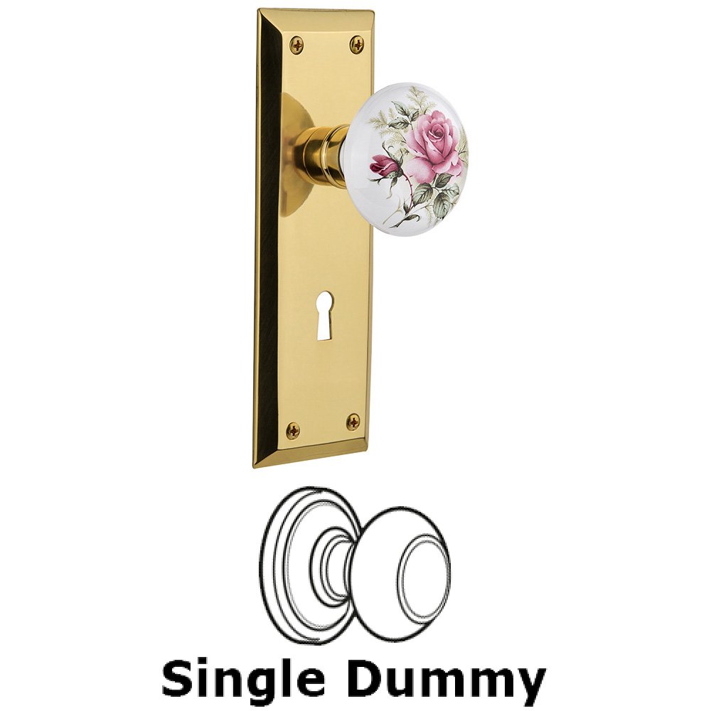 Nostalgic Warehouse Single Dummy Knob With Keyhole - New York Plate with Rose Porcelain Knob in Unlacquered Brass