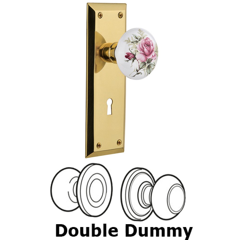 Nostalgic Warehouse Double Dummy Set With Keyhole - New York Plate with Rose Porcelain Knob in Unlacquered Brass