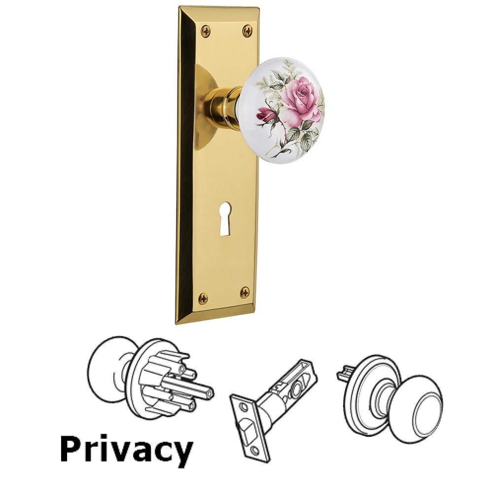 Nostalgic Warehouse Privacy New York Plate with Keyhole and White Rose Porcelain Door Knob in Unlacquered Brass