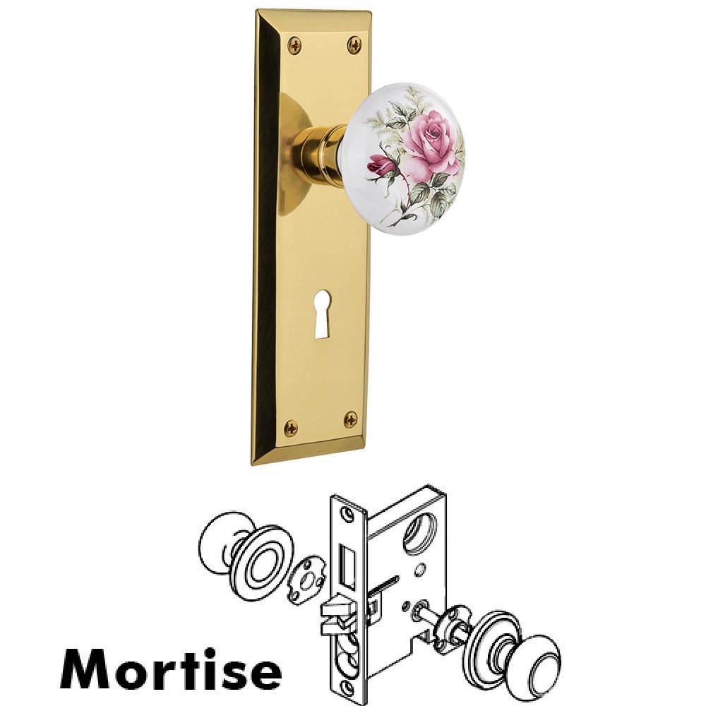 Nostalgic Warehouse Complete Mortise Lockset - New York Plate with Rose Porcelain Knob in Unlacquered Brass