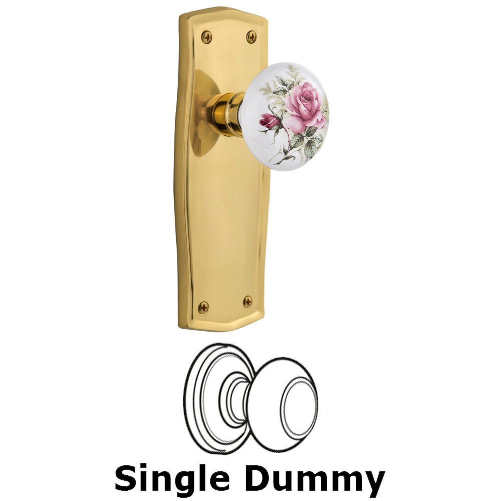 Nostalgic Warehouse Single Dummy Knob Without Keyhole - Prairie Plate with Rose Porcelain Knob in Unlacquered Brass