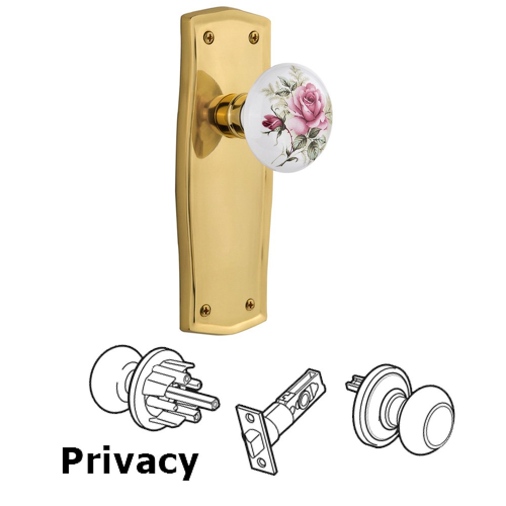 Nostalgic Warehouse Privacy Prairie Plate with White Rose Porcelain Door Knob in Unlacquered Brass