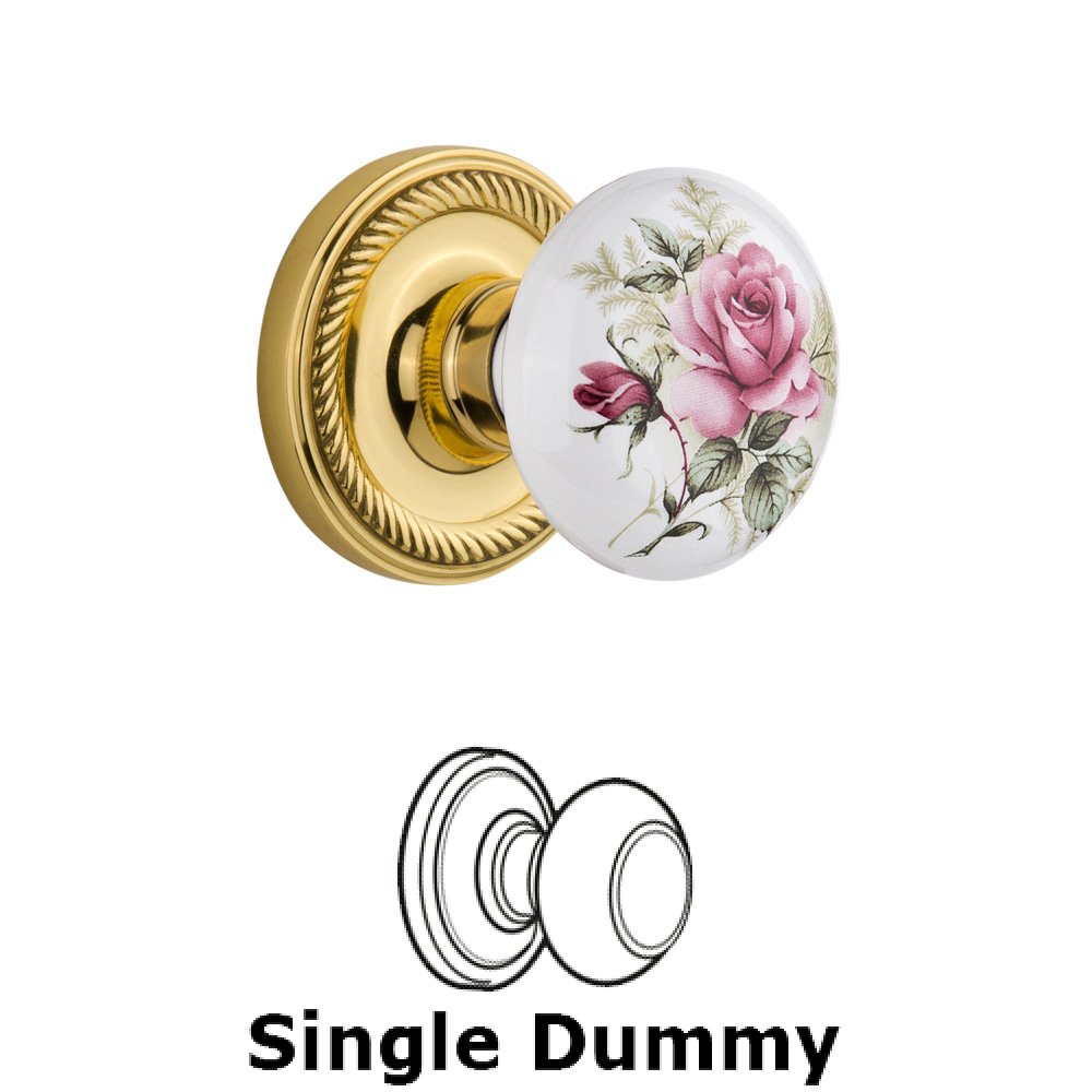 Nostalgic Warehouse Single Dummy Knob Without Keyhole - Rope Rosette with Rose Porcelain Knob in Unlacquered Brass