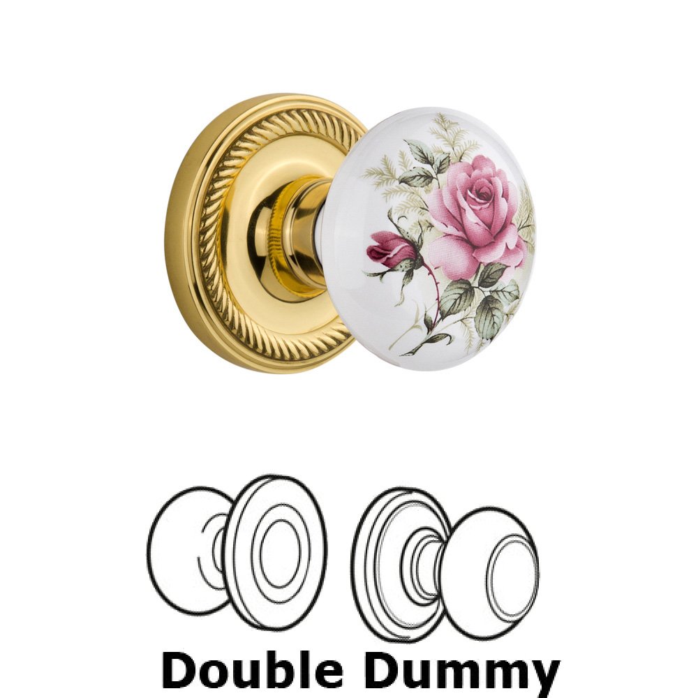 Nostalgic Warehouse Double Dummy Set Without Keyhole - Rope Rosette with Rose Porcelain Knob in Unlacquered Brass