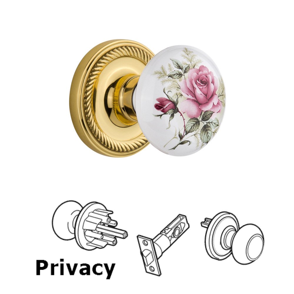 Nostalgic Warehouse Privacy Knob - Rope Rose with Rose Porcelain Knob in Polished Brass